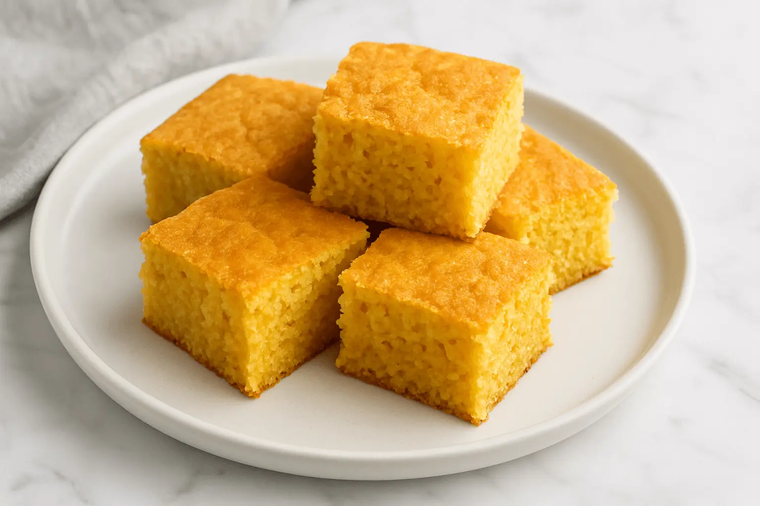 Golden squares of fluffy cornbread without eggs served on a white plate.