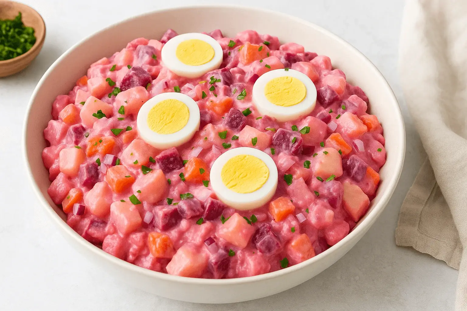 Dominican Potato Salad with vibrant diced vegetables and sliced boiled eggs on top