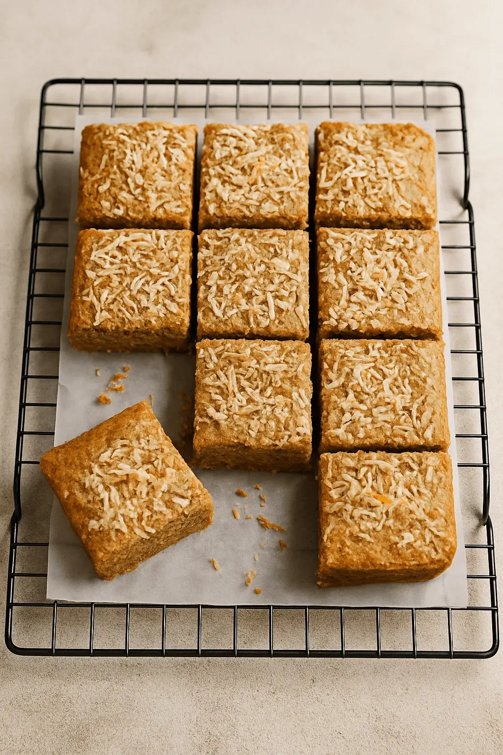 Freshly baked Coconut Toto bars cooling on a wire rack, a traditional favorite from Jamaican Desserts.