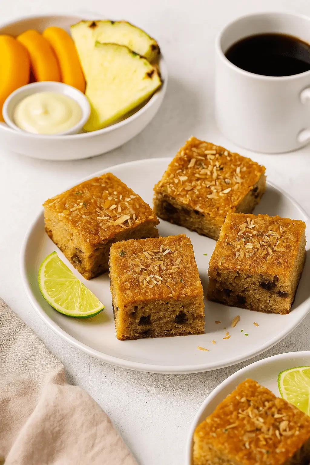 Plate of Coconut Toto squares served with tropical fruit and coffee, showcasing the comforting flavors of Jamaican Desserts.