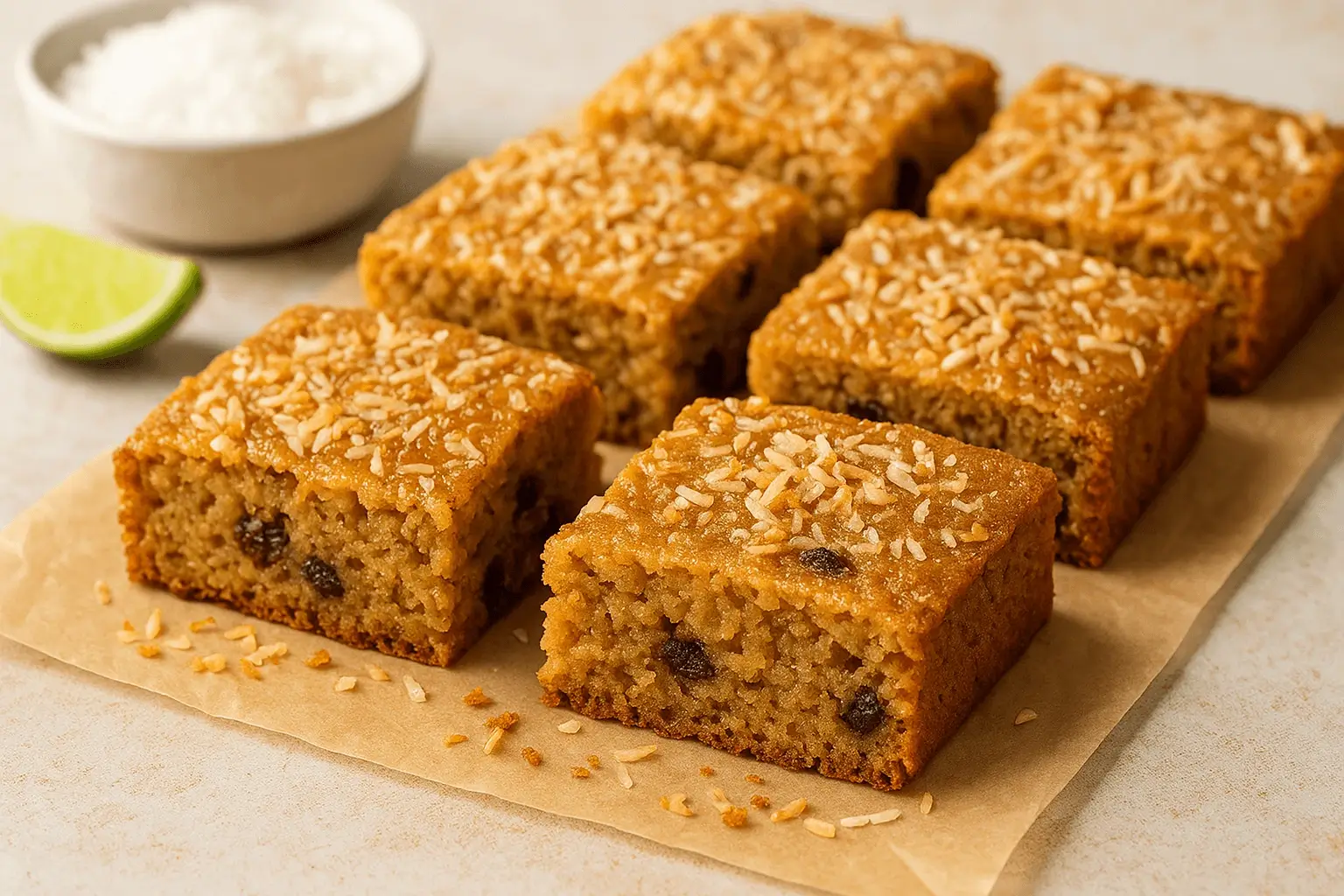 Golden coconut bars on parchment paper, a classic treat from Jamaican Desserts topped with shredded coconut and raisins.