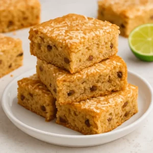 Stacked Coconut Toto squares on a white plate, showcasing the classic homemade charm of Jamaican Desserts.