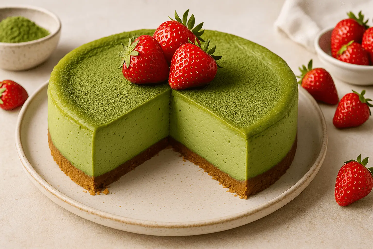 Smooth and creamy Matcha Cheesecake topped with fresh strawberries, sitting on a ceramic plate with matcha powder in the background.