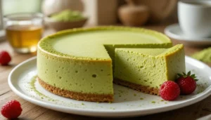 A soft and fluffy Matcha Cheesecake with a golden crust, decorated with raspberries and a dusting of matcha powder on a white plate.
