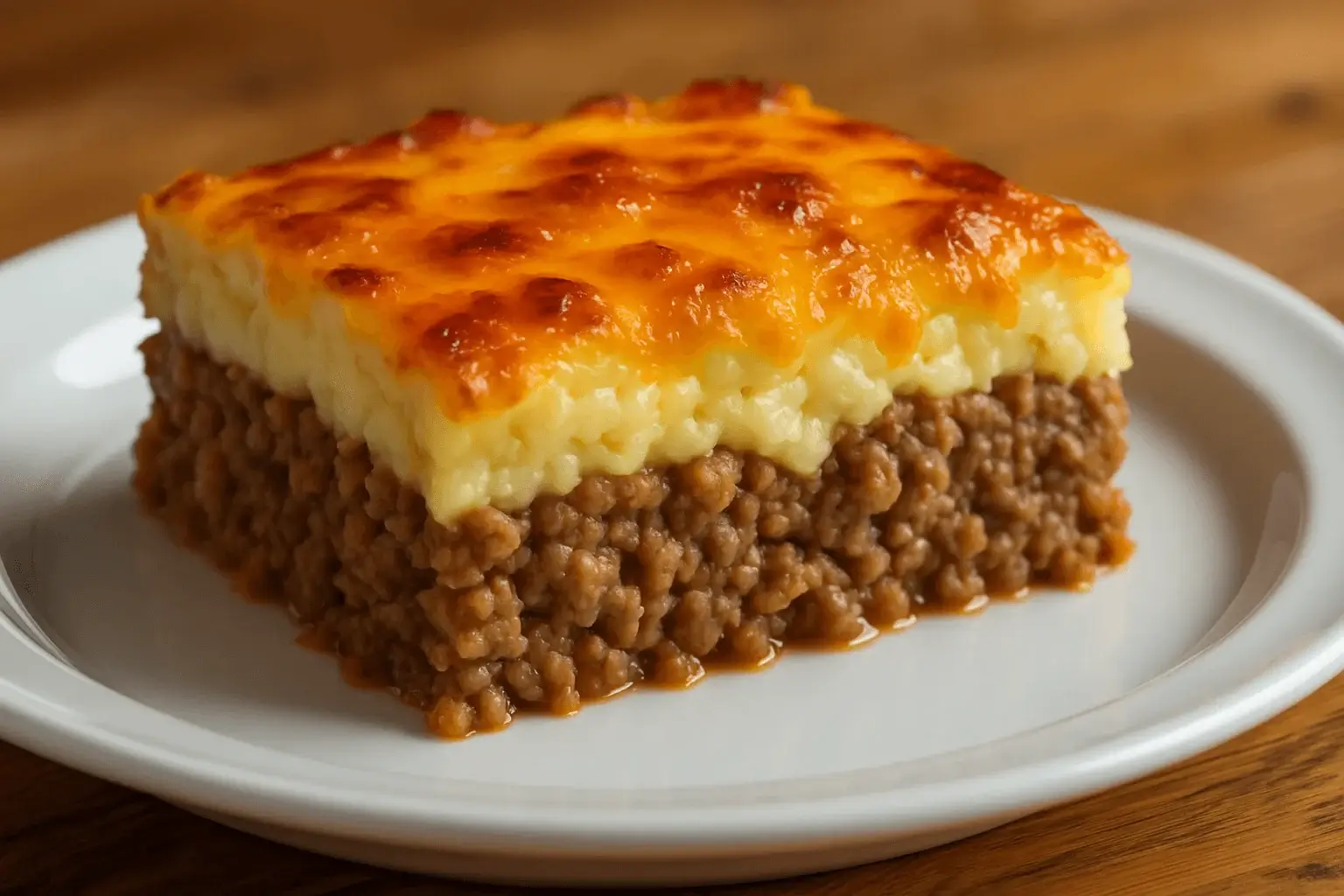 Slice of Meatloaf Casserole with mashed potatoes and melted cheddar cheese on a white plate.