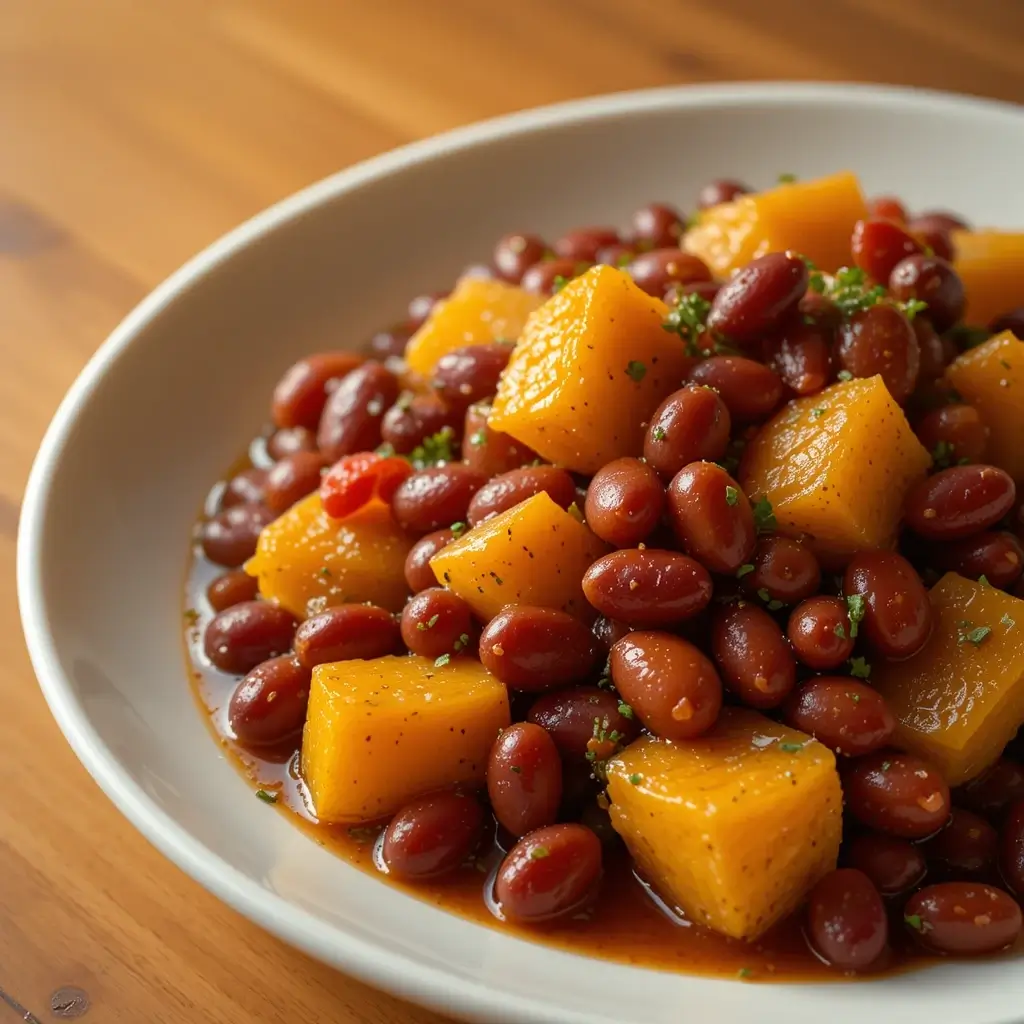 A bowl of recipe squash and kidney beans garnished with herbs.