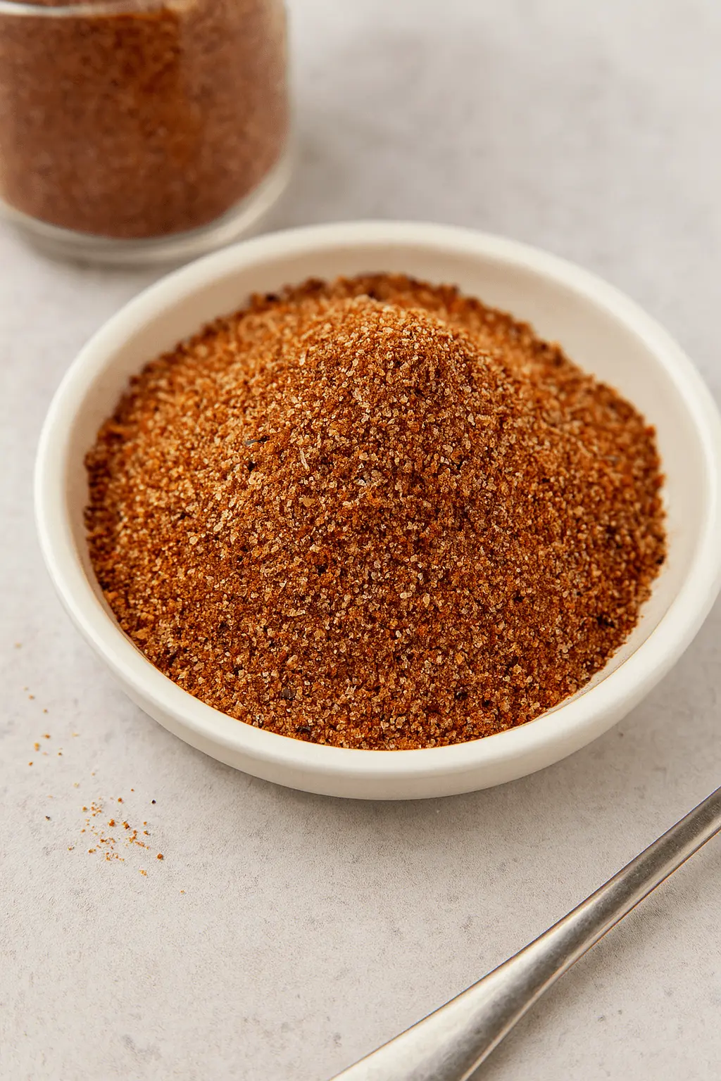 Close-up of smoked chicken rub in a white bowl on a light surface.