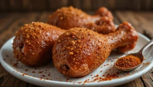 Chicken drumsticks coated with smoked chicken rub on a white plate with a spoonful of seasoning.