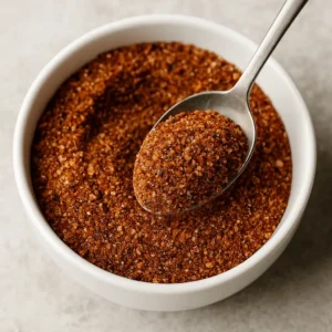 Spoon lifting a serving of smoked chicken rub from a white bowl.
