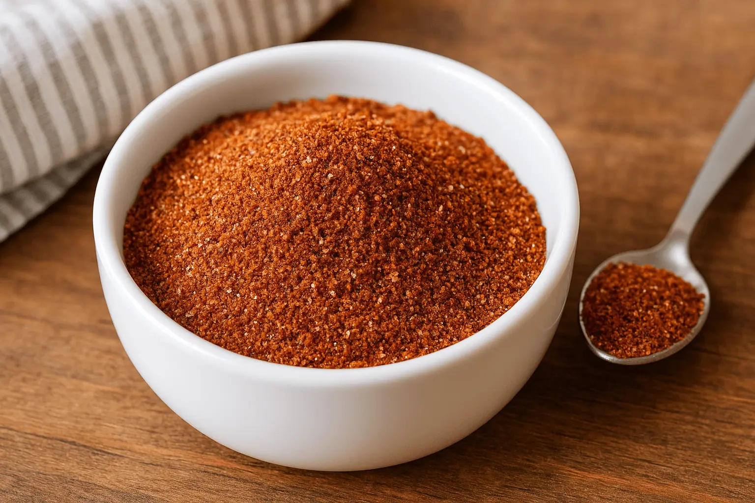 A bowl filled with smoked chicken rub next to a spoon on a wooden surface.