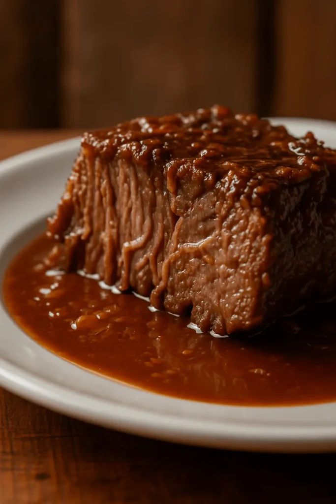Slow-cooked beef cheek meat served with rich brown sauce on a white plate.
