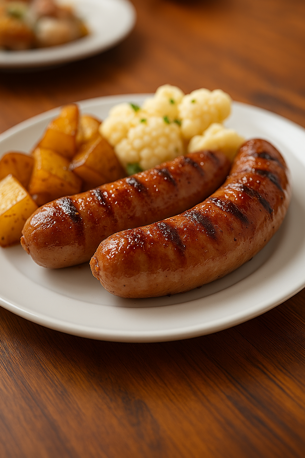 Grilled beef sausages served with golden potatoes and cauliflower on a white plate – a hearty option from beef sausage recipes