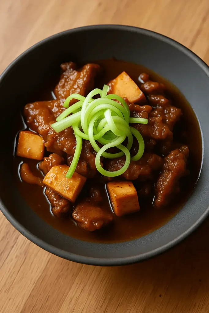 Braised beef tendon with tofu cubes and green onion garnish in a dark bowl.