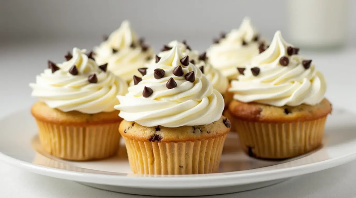 Frosted chocolate chip cupcakes topped with mini chocolate chips on a white plate.