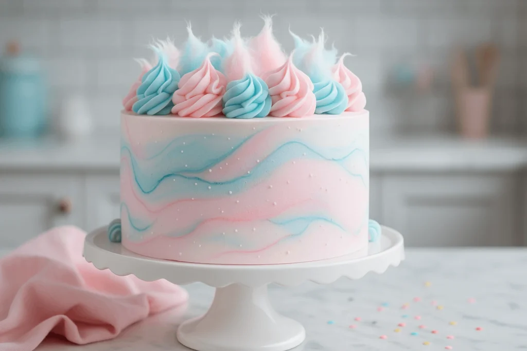 Pastel pink and blue cotton candy cake decorated with swirled frosting and cotton candy tufts on a white cake stand.
