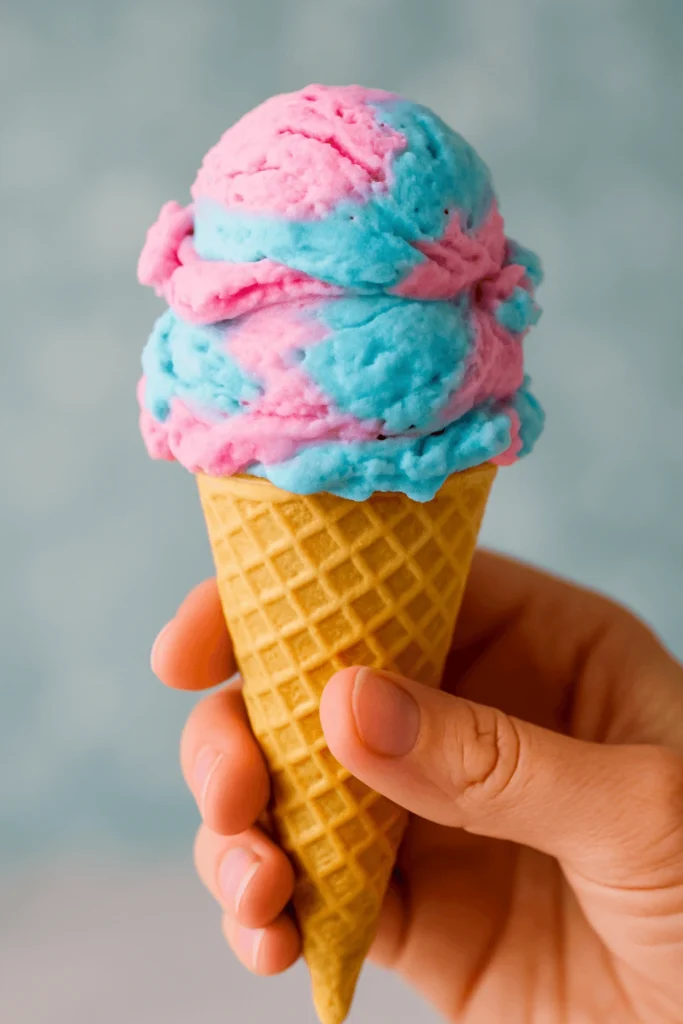 Hand holding a waffle cone with two scoops of pastel pink and blue cotton candy ice cream, with a softly blurred background.