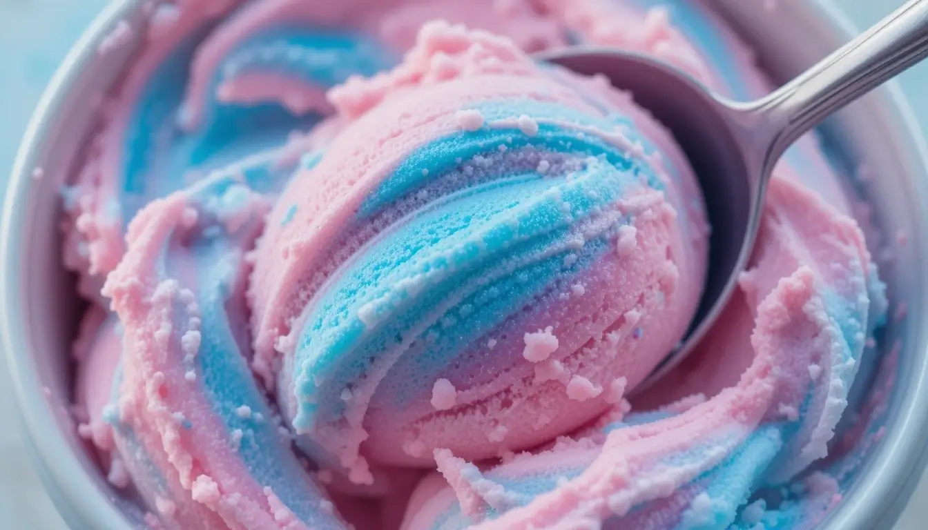 Close-up scoop of cotton candy ice cream with pastel pink and blue swirls in a white bowl.