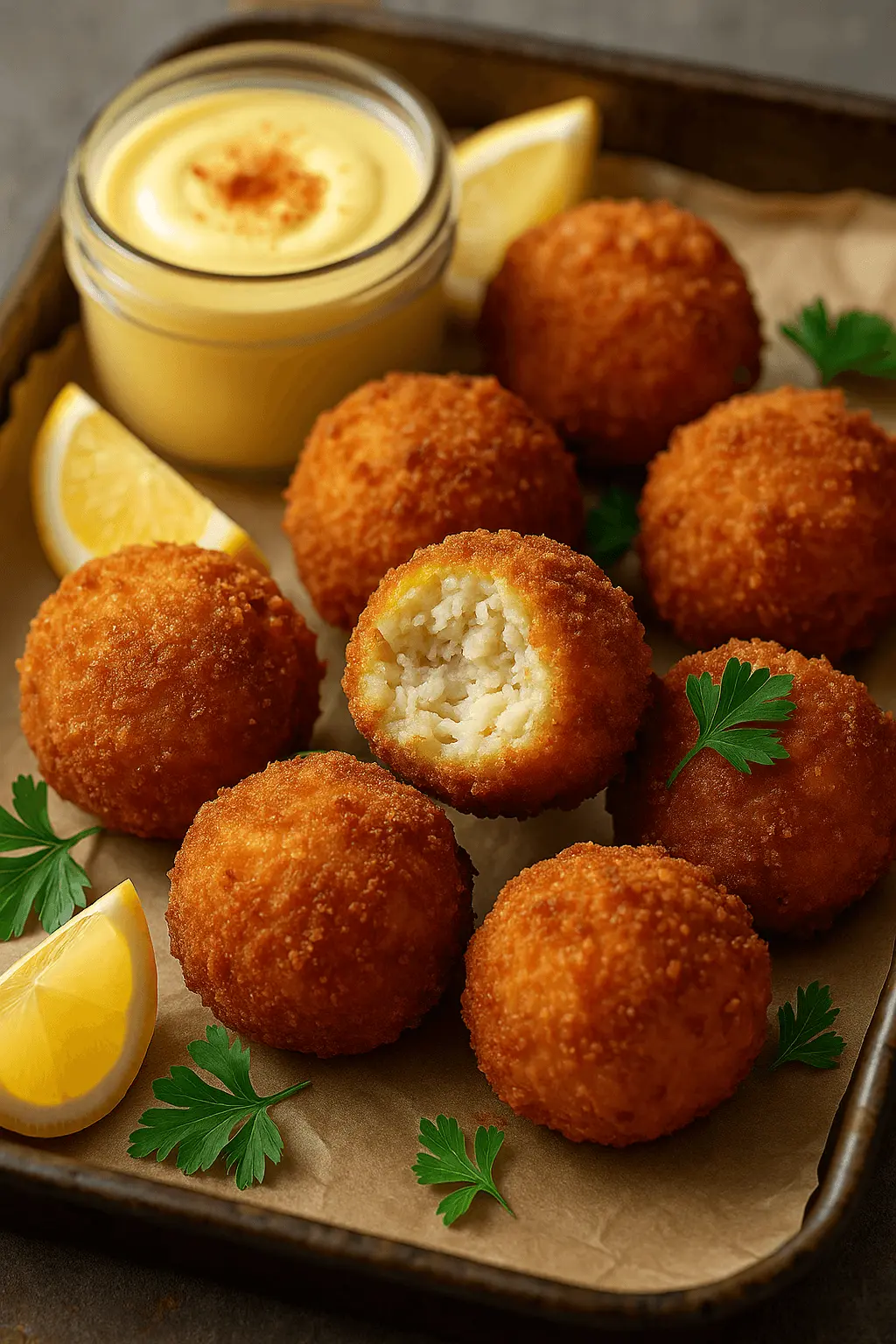 Golden crab balls on a tray with lemon wedges, parsley, and creamy dip – crab balls recipe appetizer idea.