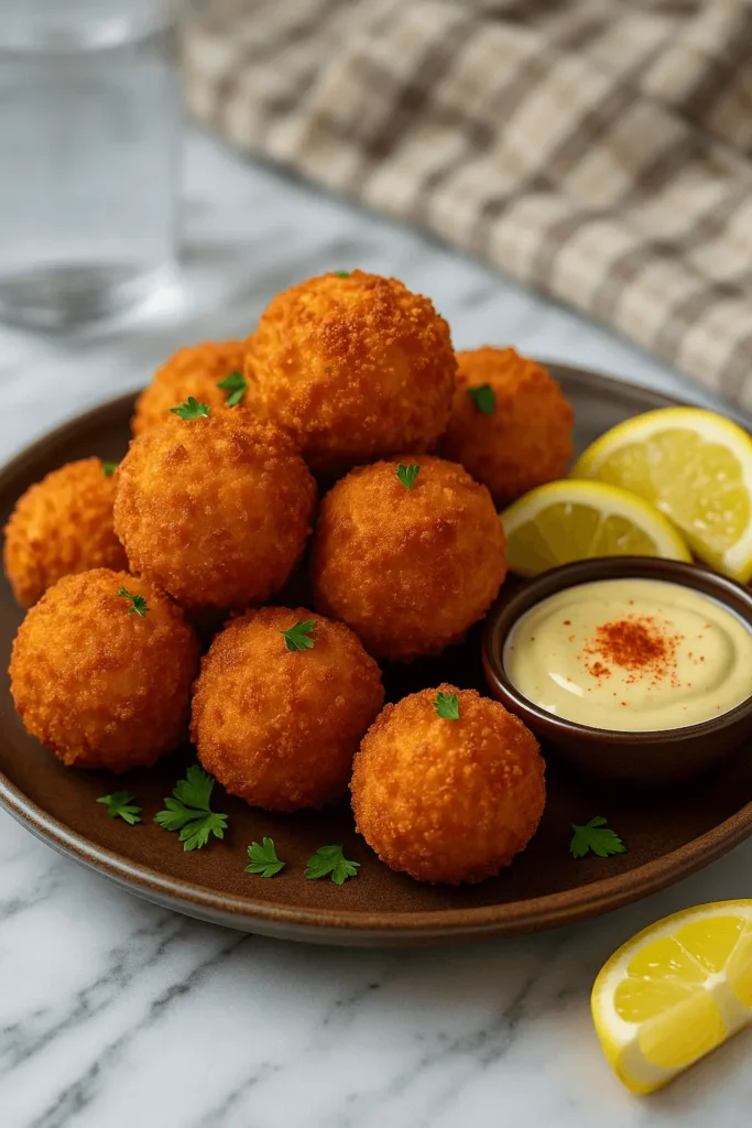 Crispy golden crab balls on a brown plate with lemon wedges, dipping sauce, and parsley – crab balls recipe.