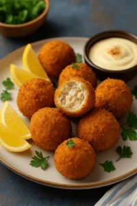 Crab balls recipe served on a white plate with creamy dipping sauce, fresh parsley, and lemon wedges.
