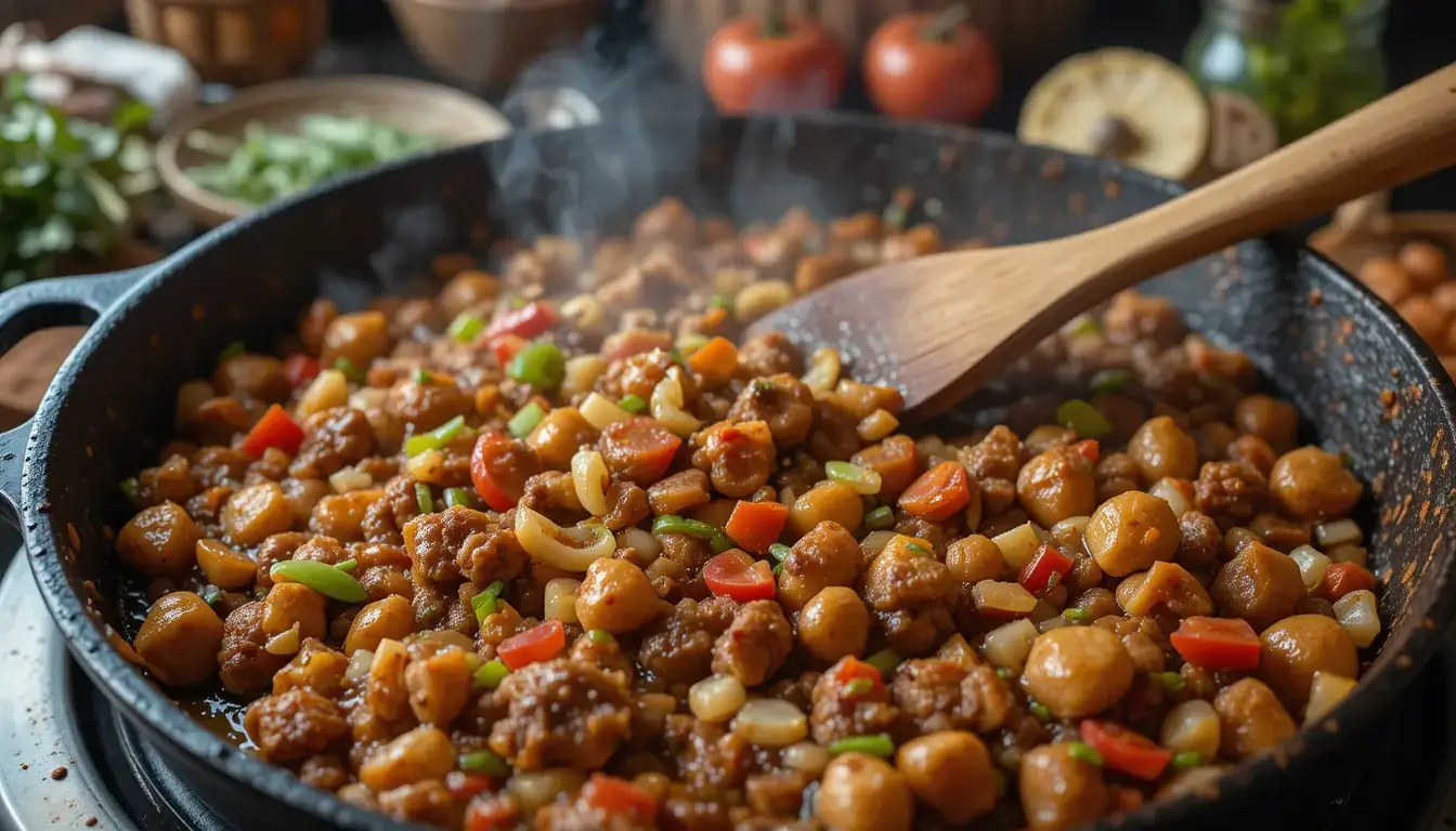 Close-up of a sizzling skillet filled with colorful ingredients for a discada recipe, including meat, potatoes, carrots, and peppers.