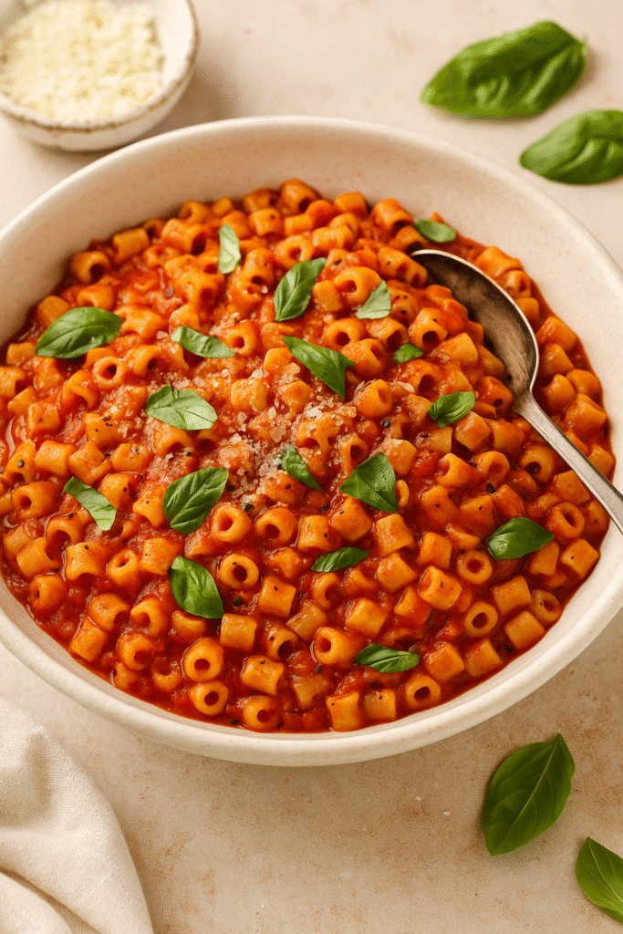 A bowl of ditalini pasta in tomato sauce, garnished with fresh basil and grated cheese — part of a cozy ditalini pasta recipe.