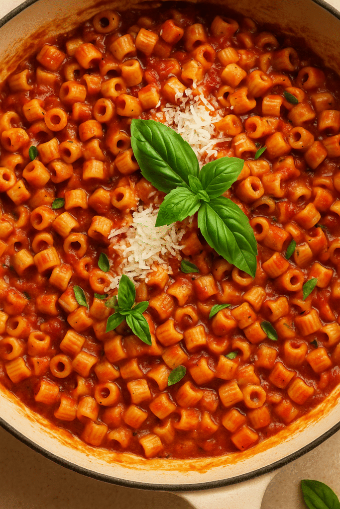 A skillet filled with ditalini pasta in tomato sauce, topped with grated Parmesan and fresh basil — part of a ditalini pasta recipe.