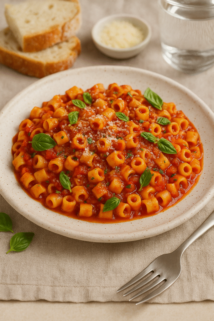 A plate of ditalini pasta in tomato sauce, garnished with Parmesan and basil, served with bread and water — part of a cozy ditalini pasta recipe.