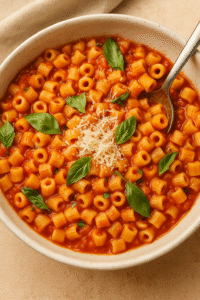 A close-up of a bowl filled with ditalini pasta in tomato sauce, topped with grated Parmesan and basil — featured in a ditalini pasta recipe.