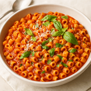 A bowl of ditalini pasta in tomato sauce, topped with grated Parmesan and basil leaves — featured in a ditalini pasta recipe.