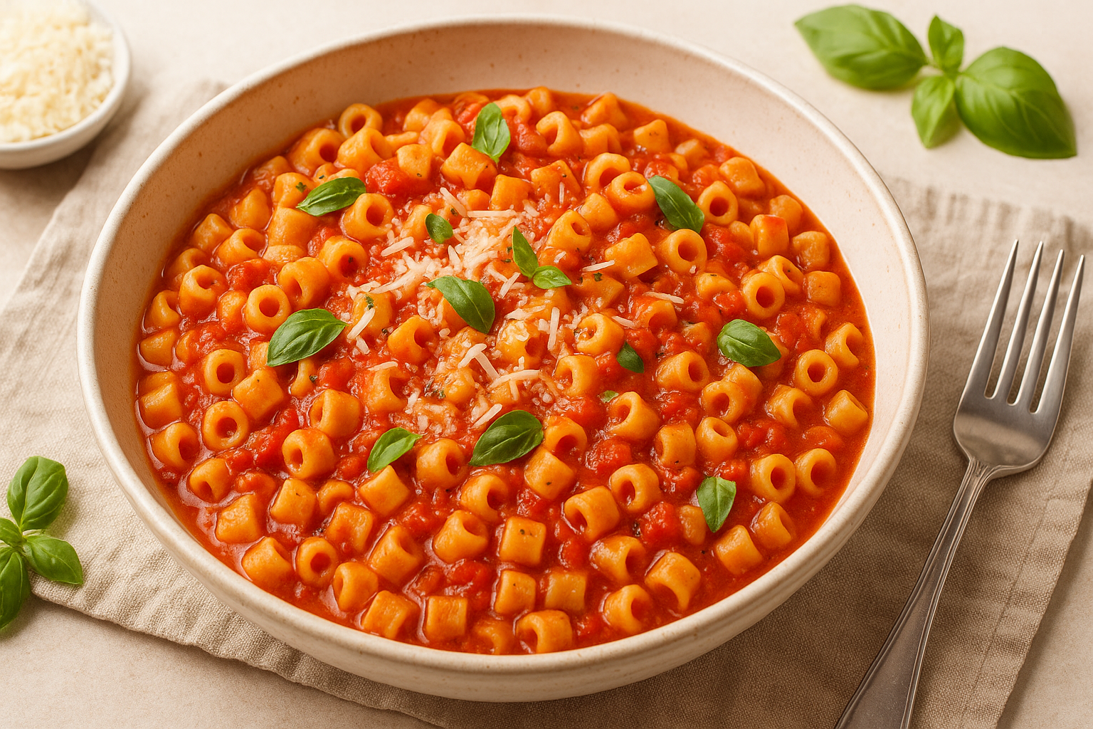 A bowl of ditalini pasta coated in tomato sauce, topped with Parmesan and basil — part of a cozy ditalini pasta recipe.