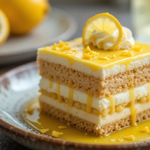 A decadent limoncello tiramisu with layers of sponge cake, creamy mascarpone, and tangy lemon curd, beautifully drizzled with lemon sauce and topped with whipped cream and a lemon slice.