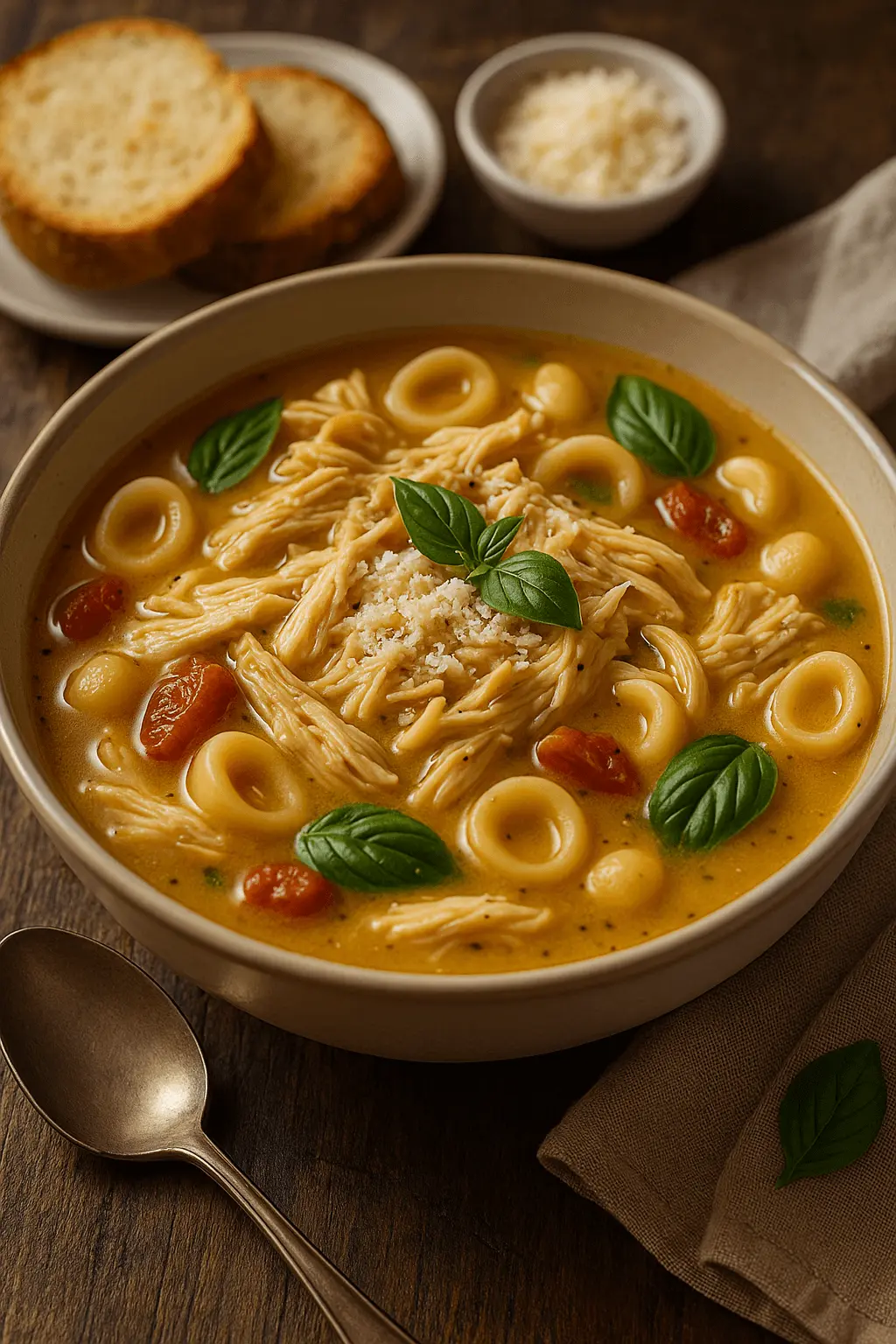 A bowl of marry me chicken soup topped with shredded chicken, pasta, basil leaves, and grated cheese, served with bread on the side.