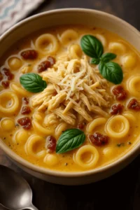 A bowl of marry me chicken soup topped with shredded chicken, fresh basil, and orecchiette pasta in a creamy broth.