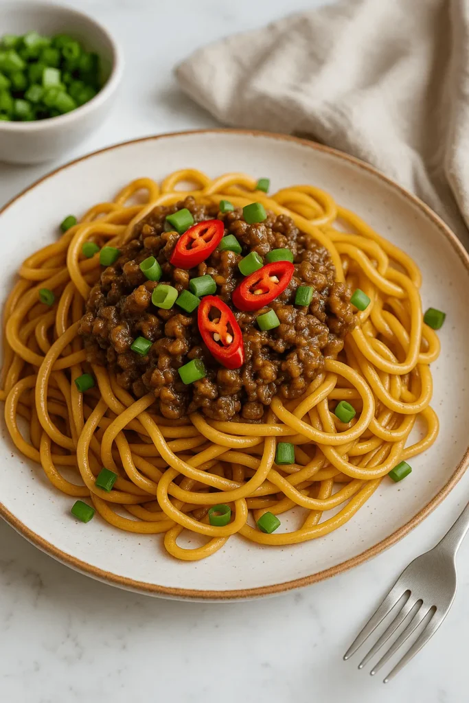 Mongolian ground beef recipe served over cooked noodles, garnished with sliced red chilies and chopped green onions on a ceramic plate.