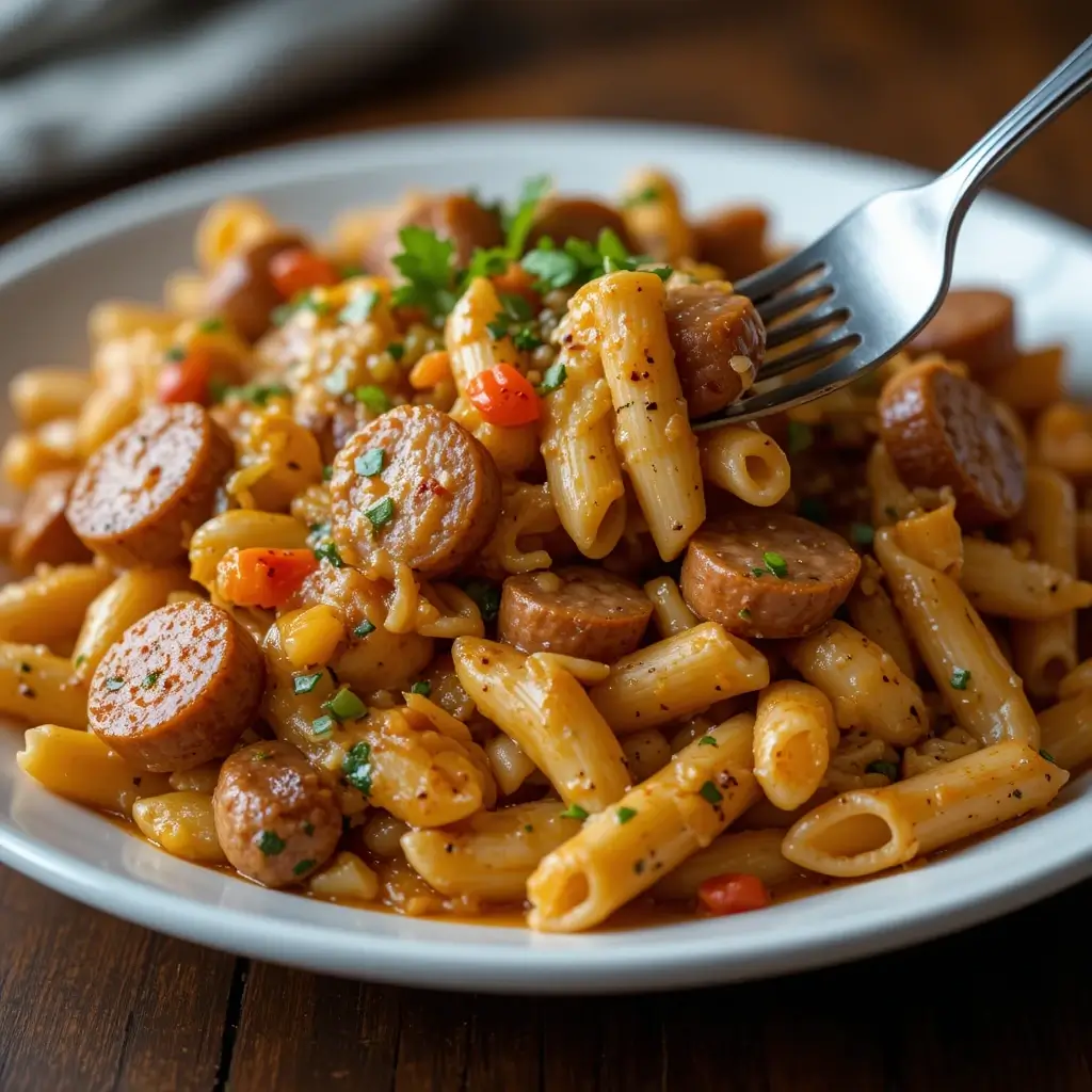 Close-up of a fork lifting penne and sausage from a hearty pastalaya recipe on a white plate.