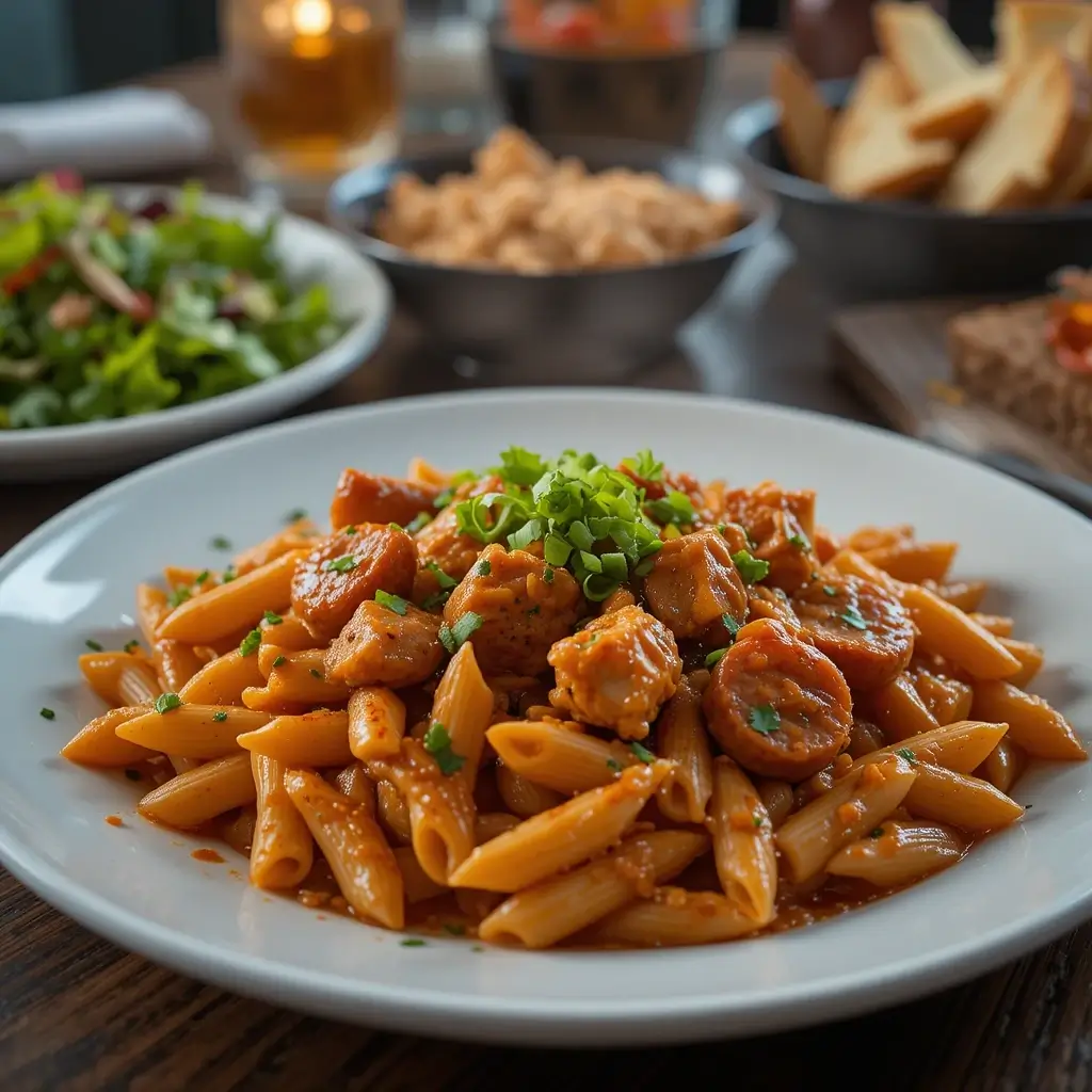 A serving of pastalaya recipe with sausage and chicken, garnished with herbs and paired with sides on a dinner table.