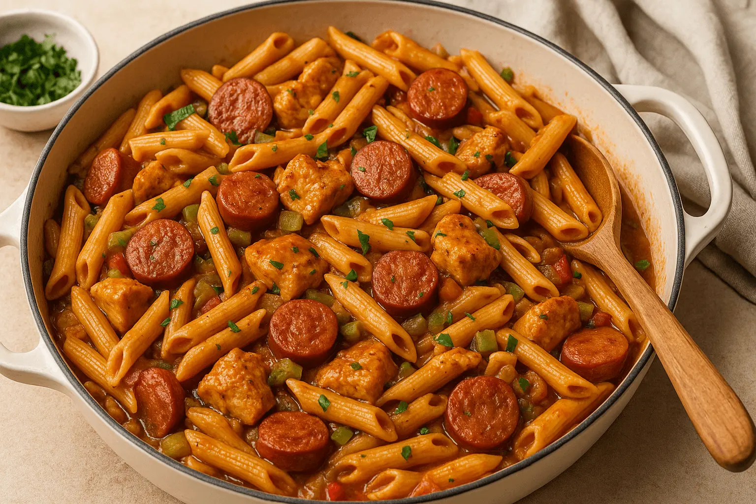Creamy Cajun pastalaya recipe served in a large white pot with sausage and chicken.