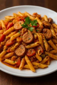 Close-up of a hearty pastalaya recipe served with sausage, penne pasta, and fresh herbs.