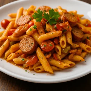A flavorful pastalaya recipe served with sausage and penne pasta on a white plate.
