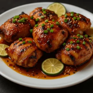 Grilled chicken thighs glazed in sauce and topped with green onions and sesame seeds, served with lime—an appetizing dish from pellet grill recipes.
