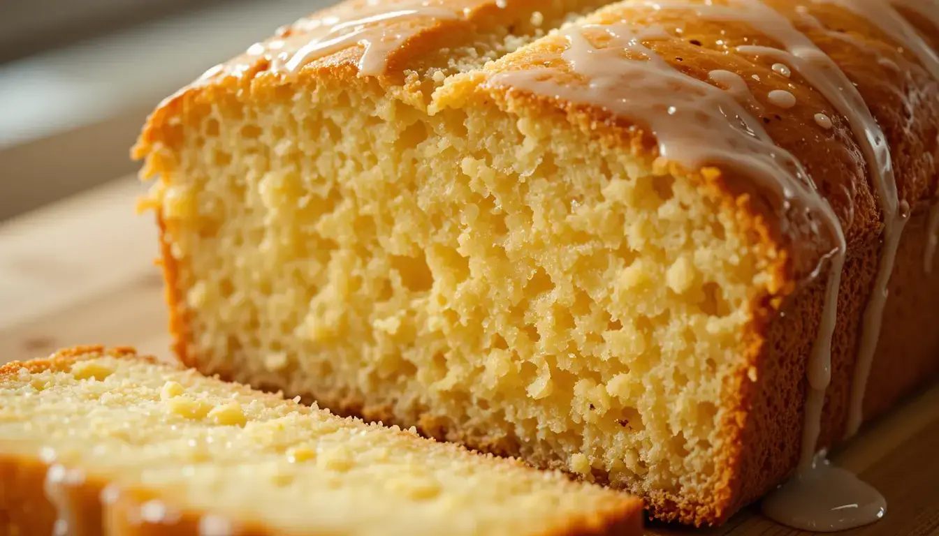 Close-up of a sliced pineapple bread loaf with glaze, showing the moist texture from this pineapple bread recipe.