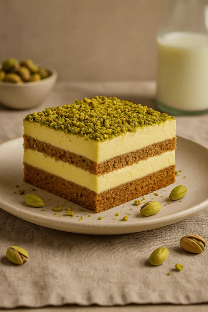 A slice of pistachio tiramisu with creamy layers and crushed pistachio topping, served on a ceramic plate with pistachios scattered nearby.