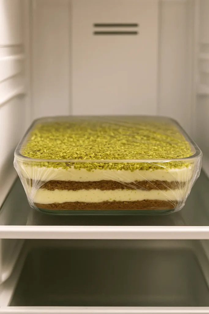 Glass dish of pistachio tiramisu covered in plastic wrap and chilled on a refrigerator shelf.