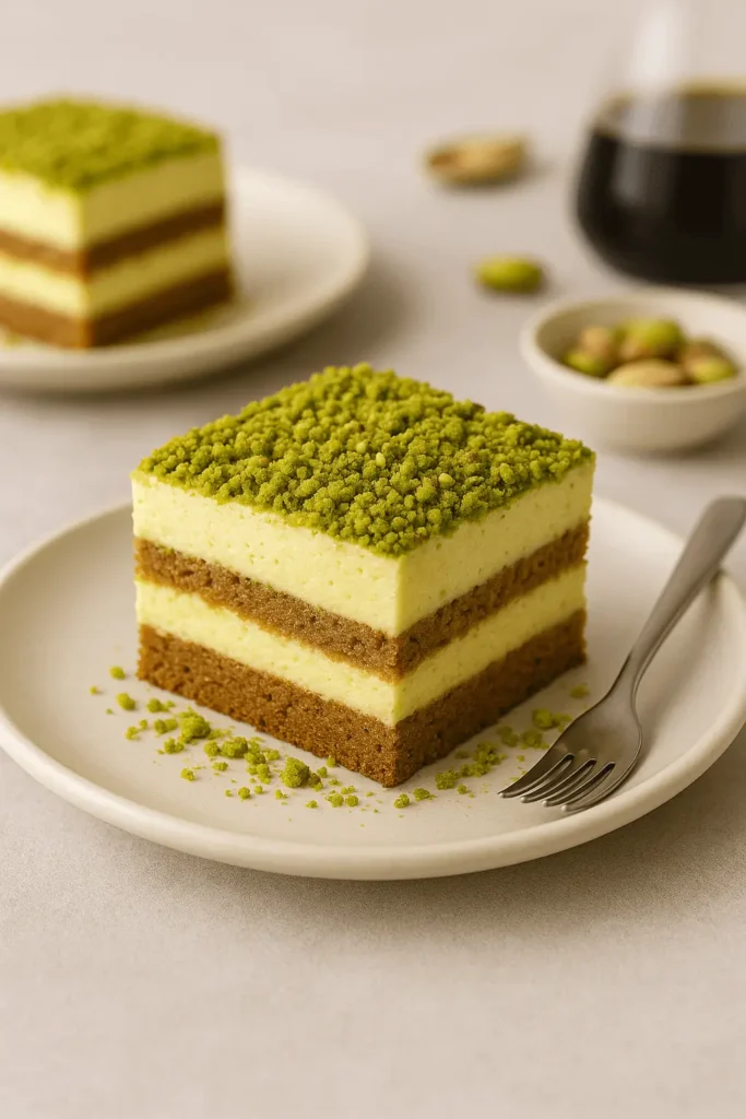 Slice of pistachio tiramisu on a plate with a fork, showing layered textures and crushed pistachio topping.
