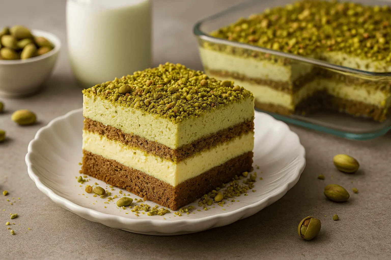 A slice of pistachio tiramisu layered with mascarpone cream and crushed pistachios, served on a white plate with a full dish in the background.