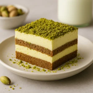 Close-up of a slice of pistachio tiramisu on a white plate, topped with finely crushed pistachios.