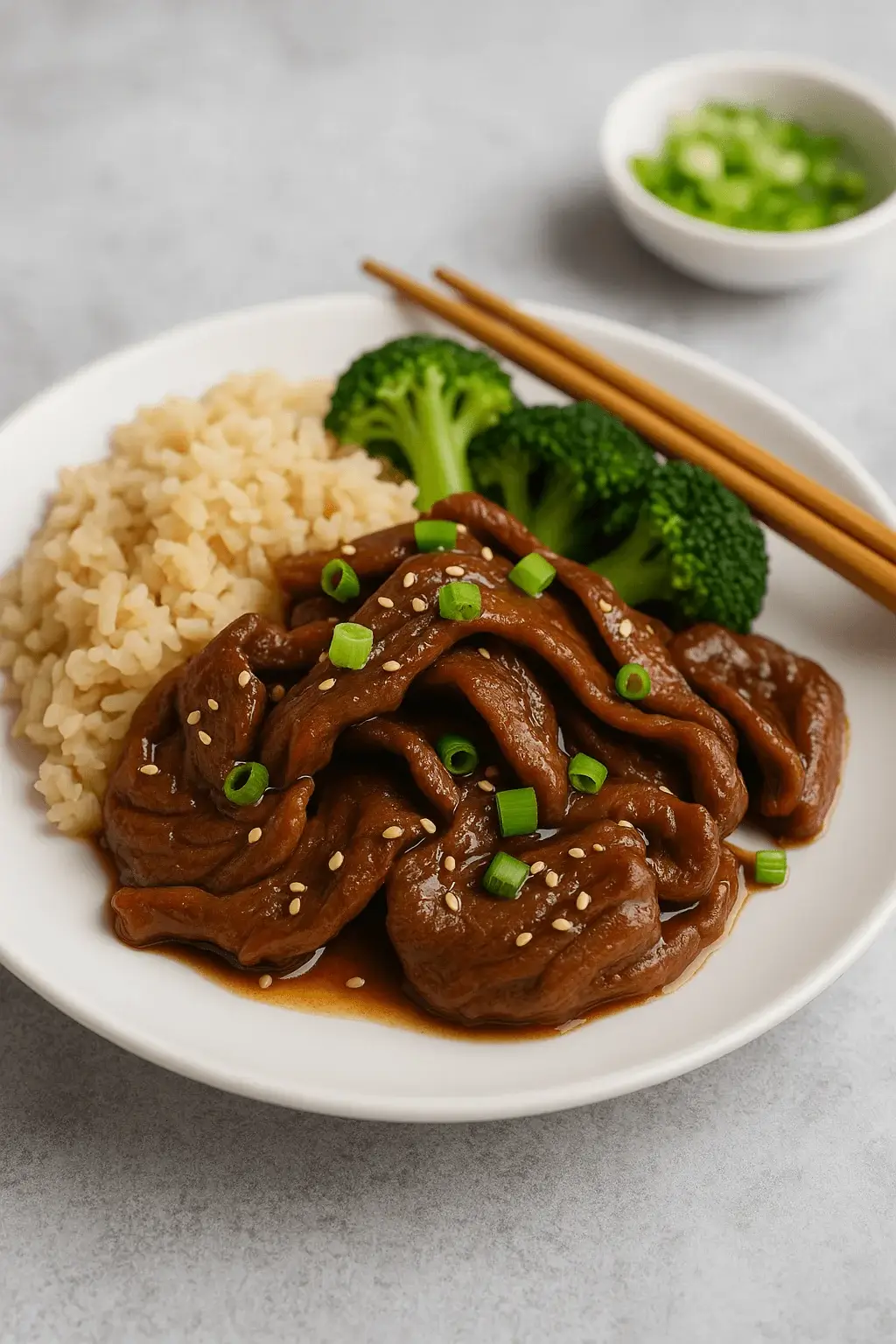 Shaved beef recipes served with brown rice, broccoli, and sesame seeds on a white plate.
