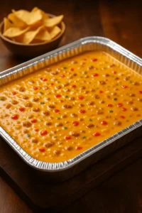 Smoked queso recipe served in a foil tray, topped with red peppers and sausage crumbles, with tortilla chips in the background.