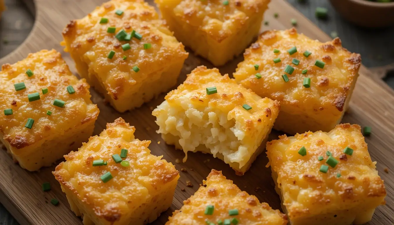 Delicious, golden-brown Starbucks potato chive bake recipe, featuring crispy, cheesy potato squares garnished with fresh chives, served on a wooden board.